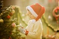 Beautiful school child, boy, decorating Christmas tree on a frosty morning Royalty Free Stock Photo