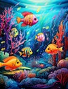 beautiful School of colorful fish swimming among the coral Background Digital Paper clipart