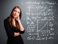 Beautiful school girl thinking about complex mathematical signs Royalty Free Stock Photo