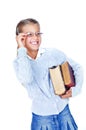 Beautiful schoolgirl in glasses with books.