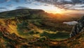 Beautiful scotland mountain panorama landscape at sunrise in Isle od Skye, Quiraing hill Royalty Free Stock Photo