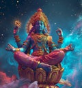 beautiful sculpture of lord vishnu with space nebula background