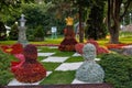 Beautiful sculptures of flowers and chess pieces