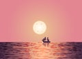 Beautiful sea background landscape at dusk light pink-orange tone There was a sailboat sailing in the middle of the sea in front