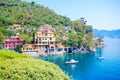 Beautiful sea coast with colorful houses in Portofino, Italy. Summer landscape. Royalty Free Stock Photo