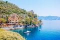 Beautiful sea coast with colorful houses in Portofino, Italy. Summer landscape Royalty Free Stock Photo