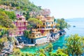 Beautiful sea coast with colorful houses in Portofino, Liguria, Italy. Summer stunning landscape. Royalty Free Stock Photo