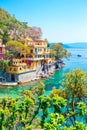 Beautiful sea coast with colorful houses in Portofino, Liguria, Italy. Summer stunning landscape. Royalty Free Stock Photo