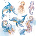 Beautiful sea creature watercolor illustration set Royalty Free Stock Photo