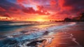 beautiful sea evening sunset juicy orange sun and surf waves generative ai