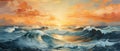Beautiful sea landscape with ocean waves and sunset sky. Digital oil color painting Royalty Free Stock Photo