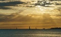 Beautiful sea landscape with sunset and silhouettes of yachts on the horizon. Gelendzhik Bay, Black Sea coast of south of Russia. Royalty Free Stock Photo