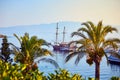 Beautiful sea landscape with tourist ships on the background in Bodrum, Turkey. Vacation Outdoors Seascape Summer Travel Concept Royalty Free Stock Photo