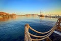 Beautiful sea landscape with tourist ships on the background in Bodrum, Turkey. Vacation Outdoors Seascape Summer Travel Concept Royalty Free Stock Photo