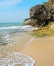 Beautiful sea landscape view with horizon ocean and rock cliff under a blue sky of a paradise desert beach in Thailand or Indonesi Royalty Free Stock Photo