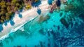 Beautiful sea or ocean shore with palm trees, sandy beach, Maldives coastline, view from the drone.