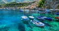 Beautiful sea and places of Calabria -Scilla town with traditional fishing boats. south of Italy Royalty Free Stock Photo