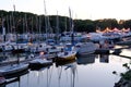 Beautiful sea, river landscape with boats and yachts on the Wiesbaden pier in Germany, evening lights and reflections in the water Royalty Free Stock Photo