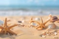 beautiful sea shells and starfishes on the seashore, sunny beach at the sea. Generative AI