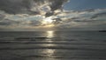 Beautiful sea sunset with ship at sea and contrasting sky