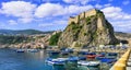 Beautiful sea and towns of Calabria - medieval Scilla with old castle. south of Italy Royalty Free Stock Photo