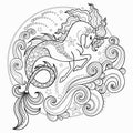 Beautiful sea unicorn surrounded by waves Hippocampus. Black and white. Vector