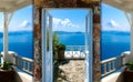 Beautiful sea view from the balcony. Santorini island, Greece. Royalty Free Stock Photo