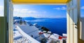 Beautiful sea view from the balcony. Santorini island, Greece. Royalty Free Stock Photo