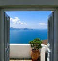 Beautiful sea view from the balcony. Santorini island, Greece. Royalty Free Stock Photo