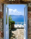 Beautiful sea view from the balcony. Santorini island, Greece. Royalty Free Stock Photo