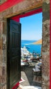 Beautiful sea view from the balcony. Santorini island, Greece. Royalty Free Stock Photo