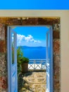 Beautiful sea view from the balcony. Santorini island, Greece. Royalty Free Stock Photo