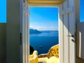 Beautiful sea view from the balcony. Santorini island, Greece. Royalty Free Stock Photo