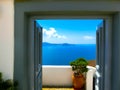 Beautiful sea view from the balcony. Santorini island, Greece. Royalty Free Stock Photo