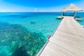 Perfect view of luxury water villas in Maldives island. Blue sea and blue sky, idyllic sea view from a wooden pier pathway