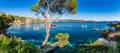 Beautiful sea view scenery of bay with boats on Majorca island, Spain.