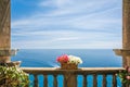 Beautiful sea view in the town of Positano from antique terrace with flowers, Amalfi coast, Italy Royalty Free Stock Photo