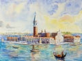 Venice Italy with historic gondola view. Watercolor painting. Royalty Free Stock Photo