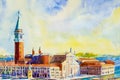 San Giorgio Maggiore island, Venice, Italy. Watercolor painting Royalty Free Stock Photo