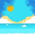 Beautiful sea waves landscape Exotic horizon vector background with tropical palms and summer beach on sky hot sunshine. .Vector I Royalty Free Stock Photo