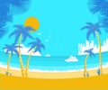 Beautiful sea waves landscape with tropical palms and summer beach on blue sky hot sunshine..Exotic horizon vector background. Vec