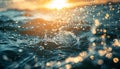 Beautiful sea waves and splashes litted with evening sunset sun light backlit background. Sea and Ocean cruise traveling concept Royalty Free Stock Photo