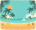 Beautiful sea waves vintage poster landscape with tropical palms and summer beach on blue sky hot sunshine on old paper texture.Ex Royalty Free Stock Photo