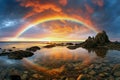 beautiful seacape with rainbow at sunset, AI generated Royalty Free Stock Photo