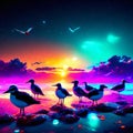 Beautiful seagulls in the sea at sunset.3d rendering Generative AI