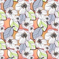 Beautiful seamless abstract pattern of small white and lilac apple flowers and colored leaves, on orange-yellow gradient Royalty Free Stock Photo