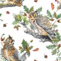 Beautiful seamless autumn forest pattern with watercolor hand drawn owl birds. Stock illustration.