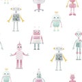 Beautiful seamless baby girl pattern with cute hand drawn watercolor robots. Stock illustration.