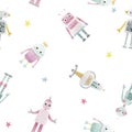 Beautiful seamless baby girl pattern with cute hand drawn watercolor robots. Stock illustration.
