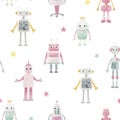 Beautiful seamless baby girl pattern with cute hand drawn watercolor robots. Stock illustration. Royalty Free Stock Photo